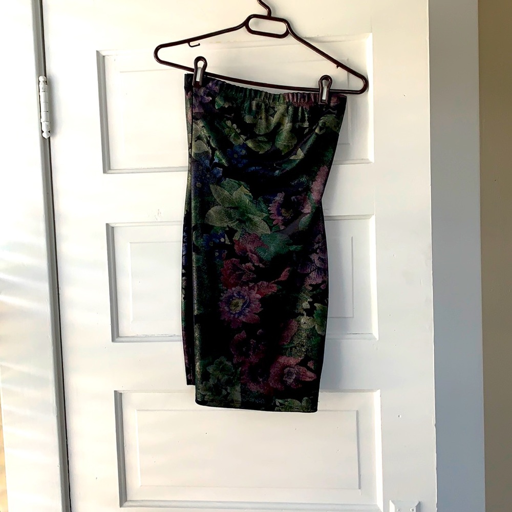 Black floral strapless mini dress